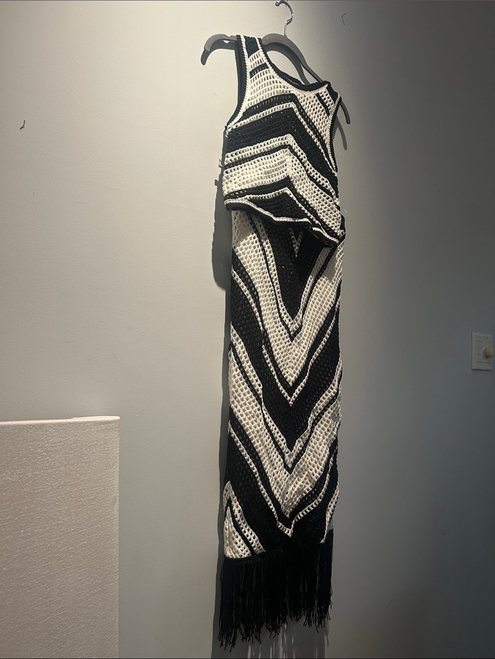 Black & White Crochet Maxi Dress with Fringe